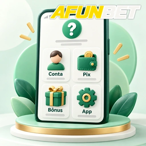 AFUNBET — ilustração de celular com categorias de ajuda sobre conta, Pix, bônus e aplicativo