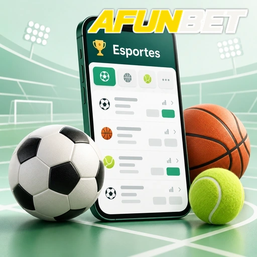 AFUNBET — ilustração de aplicativo esportivo com bolas de futebol, basquete e tênis