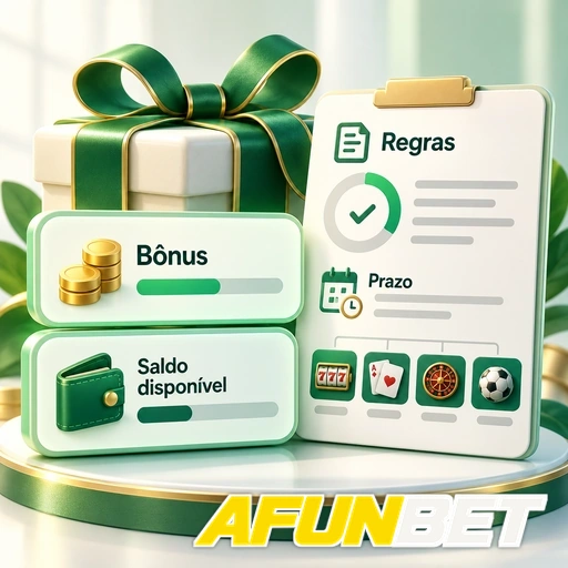 AFUNBET — ilustração de bônus, saldo disponível e lista de regras e prazos