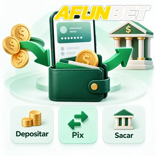 AFUNBET — ilustração de carteira digital com depósito, Pix e saque