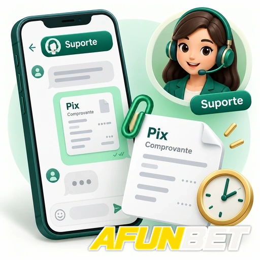 AFUNBET — ilustração de atendimento por chat com comprovante Pix e relógio