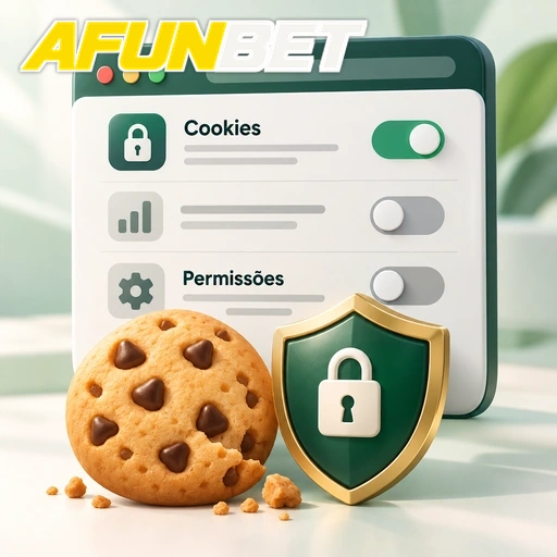 AFUNBET — ilustração de configurações de cookies e permissões com escudo e cadeado