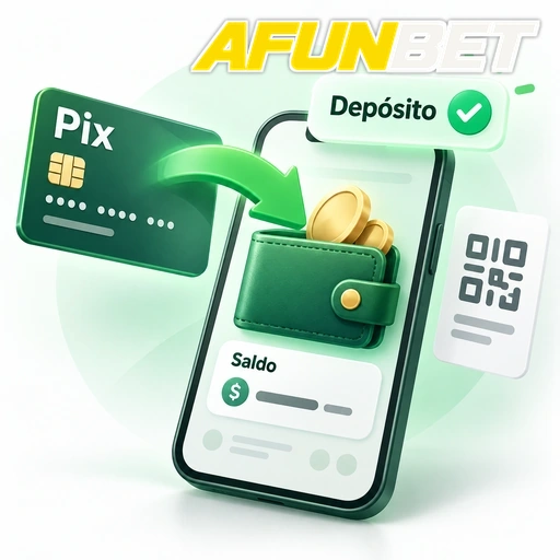 AFUNBET — ilustração de depósito Pix com QR code, carteira e saldo no celular