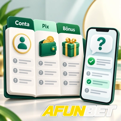 AFUNBET — ilustração de ajuda sobre conta, Pix e bônus em telas de celular