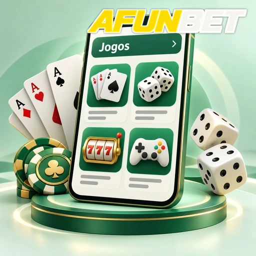 AFUNBET — ilustração de jogos no celular com cartas, dados e fichas