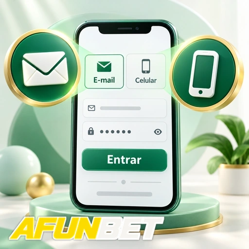 AFUNBET — ilustração de login no celular com opções de e-mail e número de telefone