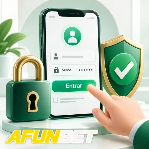 AFUNBET — ilustração de login no celular com cadeado e escudo de segurança