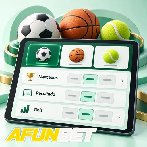 AFUNBET — ilustração de mercados esportivos em tablet com bolas de diferentes esportes