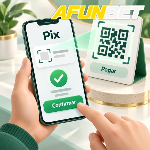 AFUNBET — ilustração de pagamento Pix no celular com QR code e confirmação