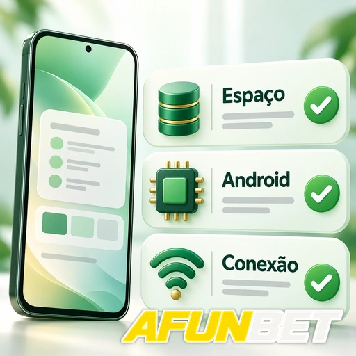 AFUNBET — ilustração dos requisitos de espaço, Android e conexão para o aplicativo