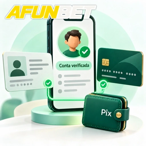 AFUNBET — ilustração de verificação de conta com documento de identidade, cartão e carteira Pix